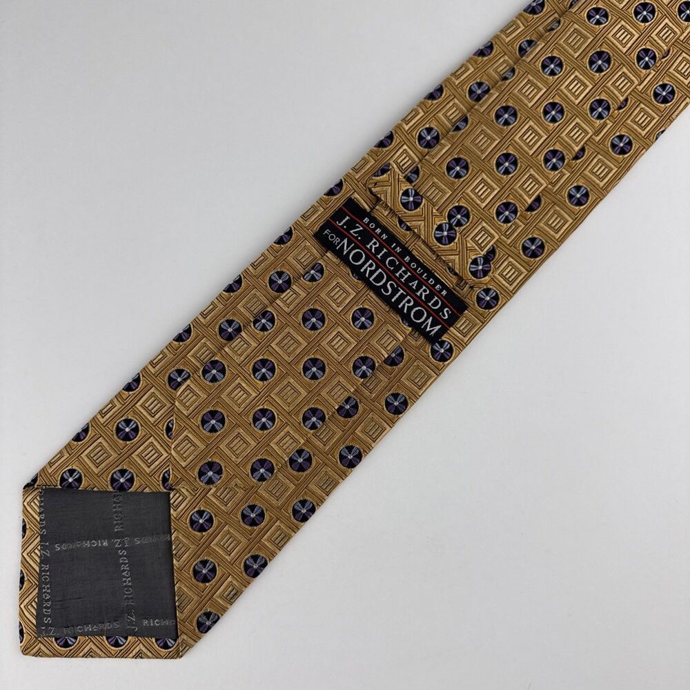 JZ Richards Boulder Luxury Tie Geometric Woven Gold Silk Necktie USA 58" x 3.75"